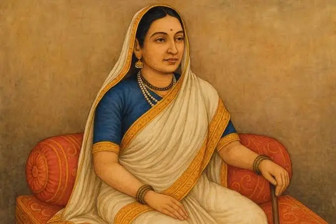 Painting of Ahilyabai Holkar seated in a white sari with a gold border, holding a staff.