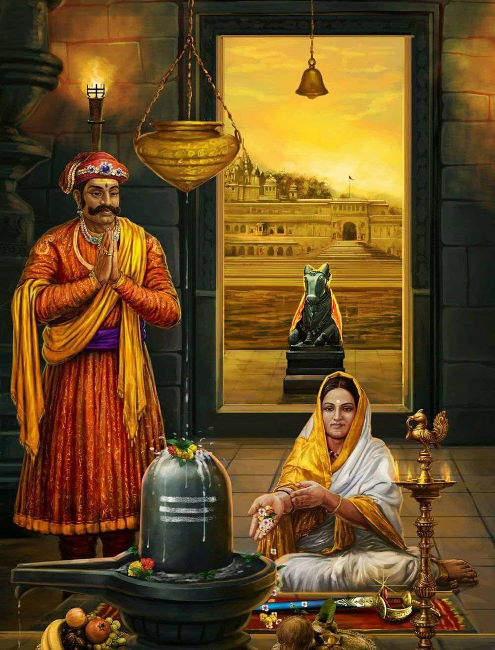 Devotional painting of Ahilyabai Holkar seated in white robes offering flowers before a Shiva linga, with a Maratha nobleman standing in prayer beside her and a temple and river ghat visible through the doorway beyond.