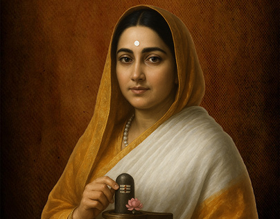 Painted portrait of Maharani Ahilyabai Holkar holding a small Shiva linga with a lotus flower at its base.